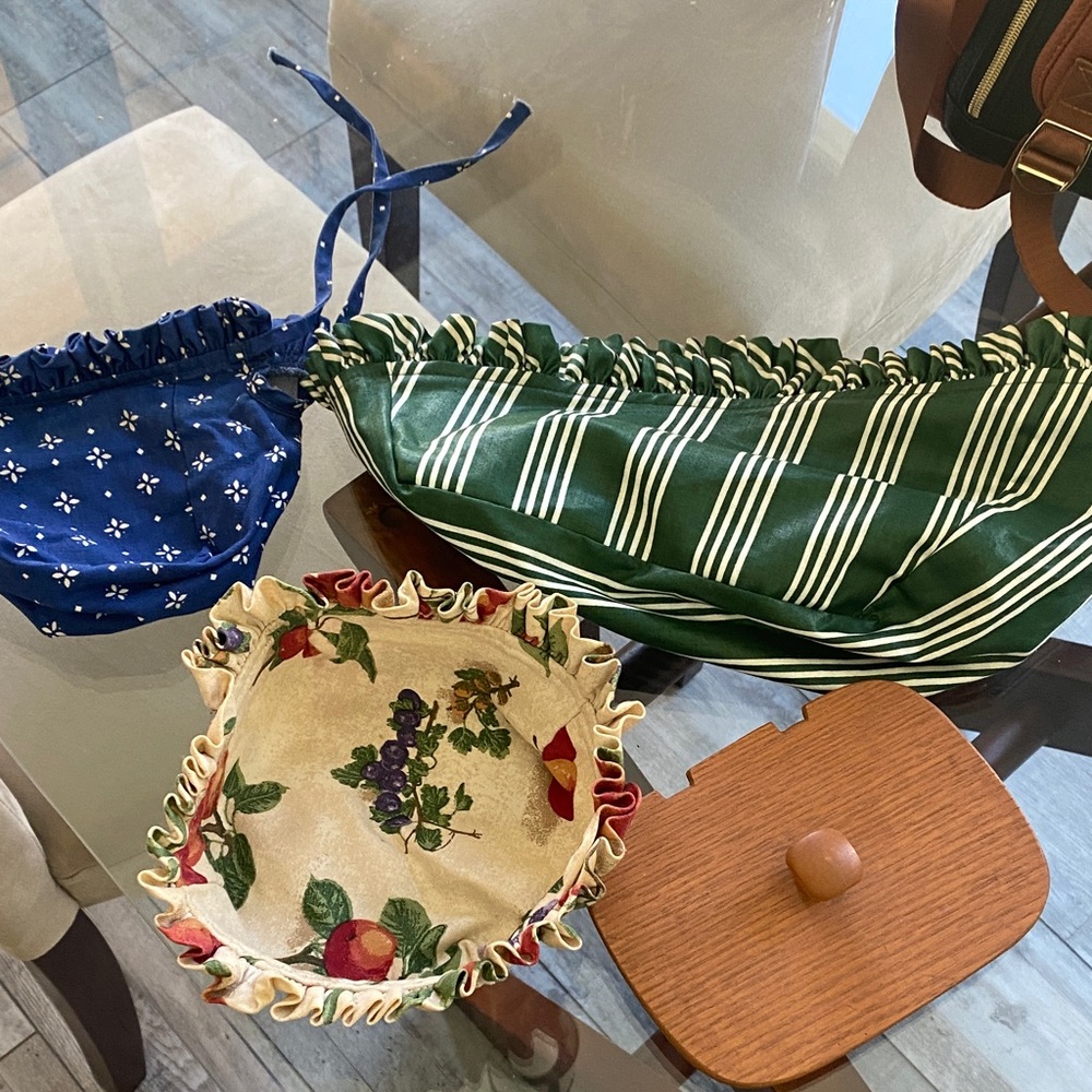 Green and White Striped Drawstring Bag + Blue Floral and Fruit Fabric Bowls